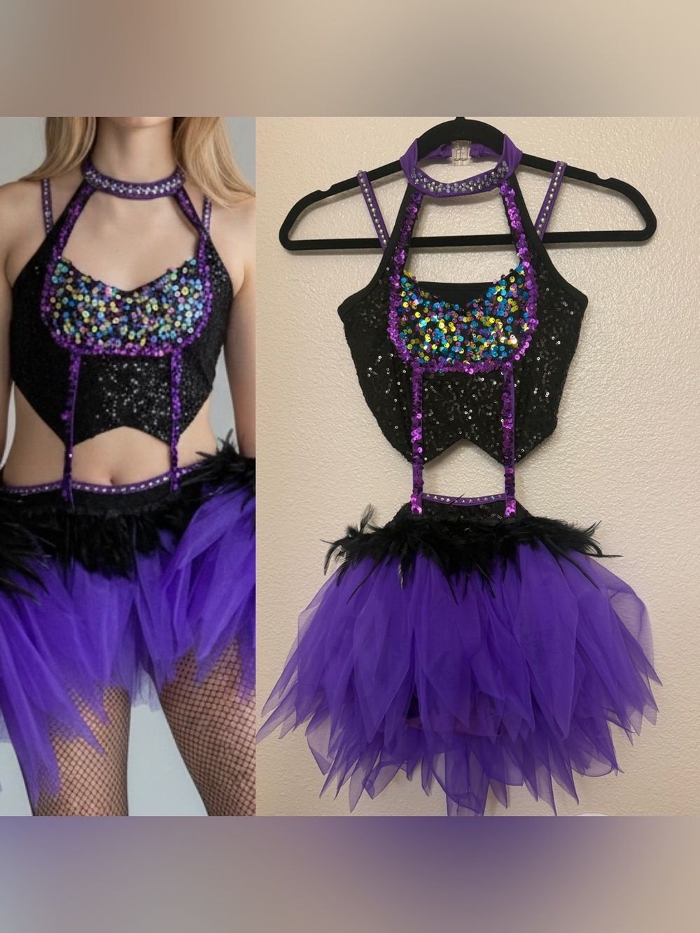 Glamour solo dance costume purple black feather rhinestone sassy LC
